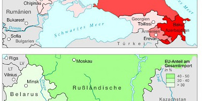 Karte: Außenhandelsverflechtungen osteuropäischer ENP-Staaten und Russlands mit der EU 2005