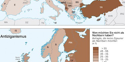Karte: Europa: Antisemitismus und Antiziganismus