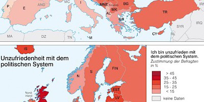 Karte: Europa: Bevorzugte Wirtschaftsordnung und Unzufriedenheit mit dem politischen System