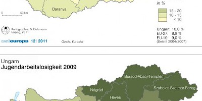 Karte: Ungarn: Arbeitslosigkeit und Jugendarbeitslosigkeit 2009