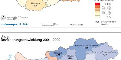 Karte: Ungarn: Bevölkerungsdichte und -entwicklung 2001-2009