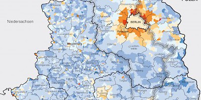 Karte: Ostdeutschland: Relative Bevölkerungsentwicklung 2000–2006
