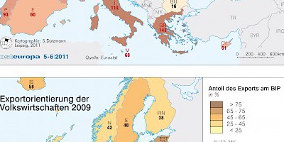 Karte: Europa: Staatsverschuldung und Exportorientierung 2010