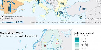 Karte: Europa: Solarstrom und Windenergie