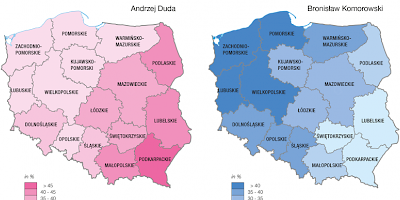 Karte: Polen: Präsidentschaftswahl 2015. Erster Wahlgang – Stimmanteile von A. Duda und B. Komorowski