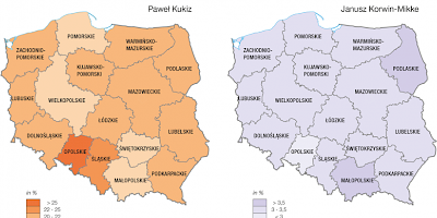 Karte: Polen: Präsidentschaftswahl 2015. Erster Wahlgang – Stimmanteile von P. Kukiz und J. Korwin-Mikke