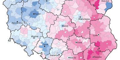 Karte: Polen: Präsidentschaftswahl 2015. Zweiter Wahlgang – Stimmanteile von A. Duda und B. Komorowski