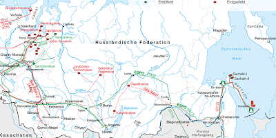 Karte: Pipelines in Sibirien und im Fernen Osten
