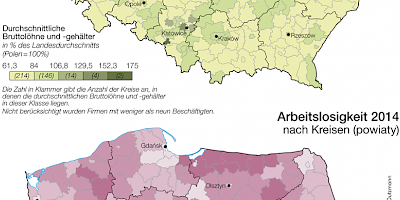 Karte: Polen: Arbeitslosigkeit und Einkommen 2014