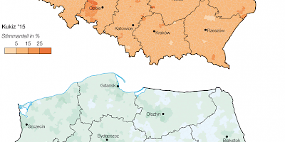 Karte: Polen: Wahlen zum Sejm 2015 – Stimmenanteil von Kukiz und Nowoczesna