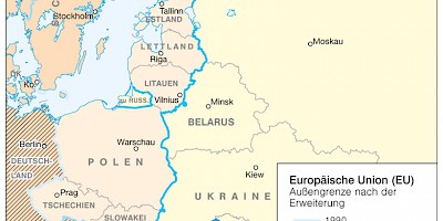 Karte: Verlagerung der östlichen EU-Außengrenze 1990–2007