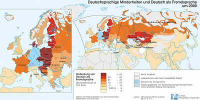 Karte: Deutschsprachige Minderheiten und Deutsch als Fremdsprache um 2000