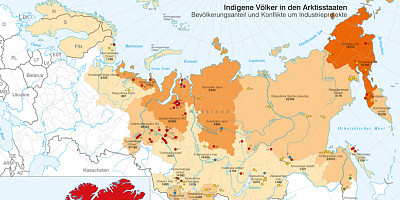 Karte: Indigene Völker der Arktis. Bevölkerungsanteil und Konflikte um Industrieprojekte