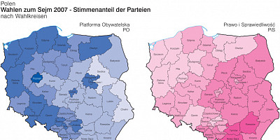 Karte: Polen: Wahlen zum Sejm 2007 – Stimmenanteil von PO und PiS