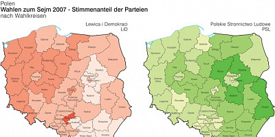 Karte: Polen: Wahlen zum Sejm 2007 – Stimmenanteil von LiD und PSL