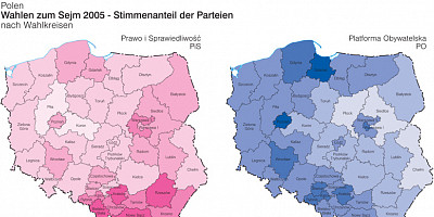 Karte: Polen: Wahlen zum Sejm 2005 – Stimmenanteil von PiS und PO