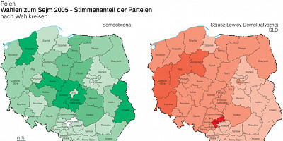 Karte: Polen: Wahlen zum Sejm 2005 – Stimmenanteil von Samoobrona und SLD