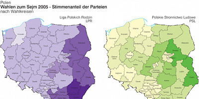Karte: Polen: Wahlen zum Sejm 2005 – Stimmenanteil von LPR und PSL