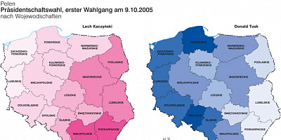Karte: Polen: Präsidentschaftswahl 2005. Erster Wahlgang – Stimmanteile von L. Kaczyński und D. Tusk