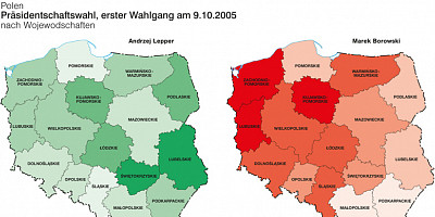 Karte: Polen: Präsidentschaftswahl 2005. Erster Wahlgang – Stimmanteile von A. Lepper und M. Borowski