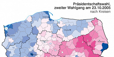 Karte: Polen: Präsidentschaftswahl 2005. Zweiter Wahlgang – Stimmanteile von L. Kaczyński und D. Tusk