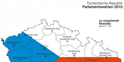 Karte: Tschechien: Parlamentswahlen 2010 – Mandate und Stimmenanteil ČSSD