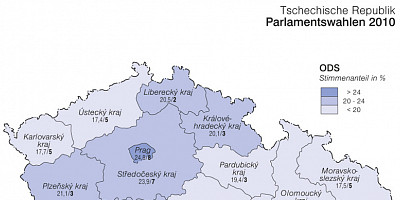 Karte: Tschechien: Parlamentswahlen 2010 – Stimmenanteil von ODS und TOP 09