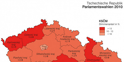 Karte: Tschechien: Parlamentswahlen 2010 – Stimmenanteil von KSČM und VV