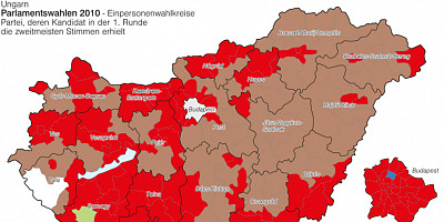 Karte: Ungarn: Parlamentswahlen 2010 – Zweitplatzierte in Einpersonenwahlkreisen