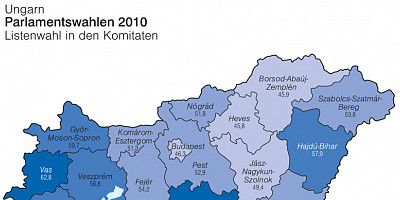 Karte: Ungarn: Parlamentswahlen 2010 – Stimmenanteil von Fidesz und Jobbik