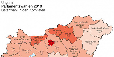 Karte: Ungarn: Parlamentswahlen 2010 – Stimmenanteil von MSZP und LMP