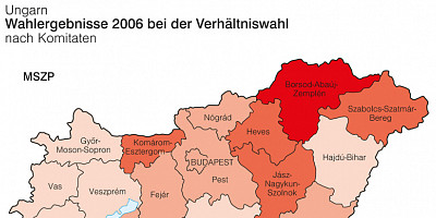 Karte: Ungarn: Parlamentswahlen 2006 – Stimmenanteil von MSZP und Fidesz/KDNP