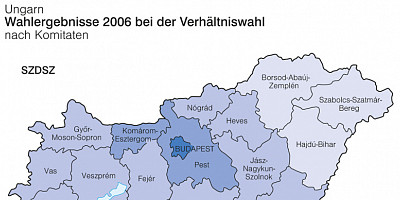 Karte: Ungarn: Parlamentswahlen 2006 – Stimmenanteil von SZDSZ und MDF
