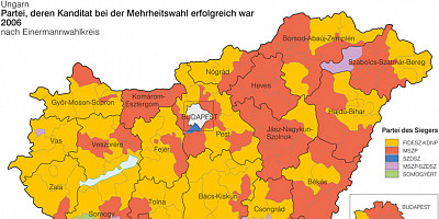 Karte: Ungarn: Parlamentswahlen 2006 – Erfolgreiche Parteien in der Mehrheitswahl
