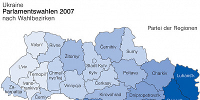 Karte: Ukraine: Parlamentswahl 2007 – Stimmenanteil von Partei der Regionen und Block Timošenko