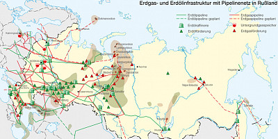 Karte: Russland: Erdgas- und Erdölinfrastruktur mit Pipelinenetz