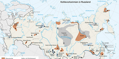Karte: Russland: Kohlevorkommen und Häfen mit Kohleexport