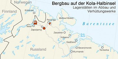 Karte: Russland: Bergbau auf der Kola-Halbinsel. Lagerstätten im Abbau und Verhüttungsstätten