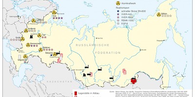 Karte: Uran: Lagerstätten, Bergwerke, Verarbeitungsbetriebe und Atomkraftwerke in Russland