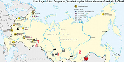 Karte: Uran: Lagerstätten, Bergwerke, Verarbeitungsbetriebe und Atomkraftwerke in Russland