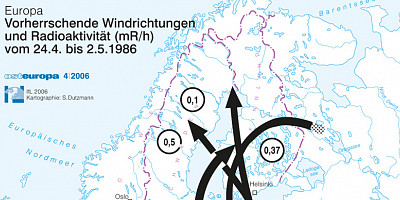 Karte: Europa: Vorherrschende Windrichtungen und Radioaktivität (mR/h) vom 24.4 bis 2.5.1986 (Tschernobyl-Unfall)