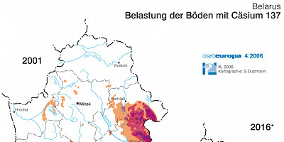 Karte: Belarus: Belastung der Böden mit Cäsium-137, 2001, 2016, 2046