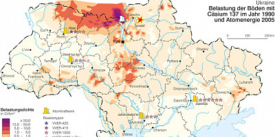 Karte: Ukraine: Belastung der Böden mit Cäsium-137, 1990 und Atomenergie 2005