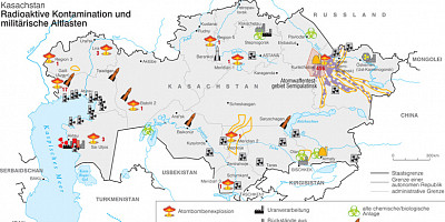 Karte: Kasachstan: Radioaktive Kontamination und militärische Altlasten