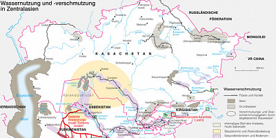 Karte: Zentralasien: Wassernutzung und Wasserverschmutzung