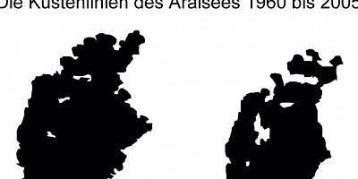 Karte: Küstenlinien des Aralsees 1960-2005