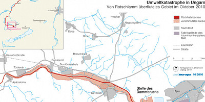 Karte: Umweltkatastrophe in Ungarn. Rotschlamm Oktober 2010