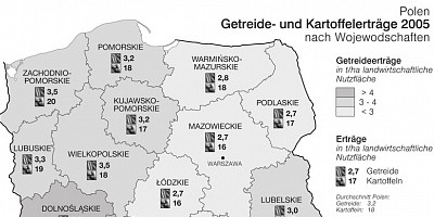Karte: Polen: Getreide- und Kartoffelerträge 2005