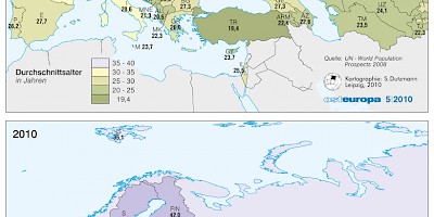 Karte: Europa: Durchschnittsalter der Bevölkerung 1950 und 2010