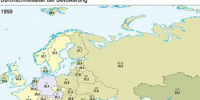 Karte: Europa: Durchschnittsalter der Bevölkerung 1950 und 2010